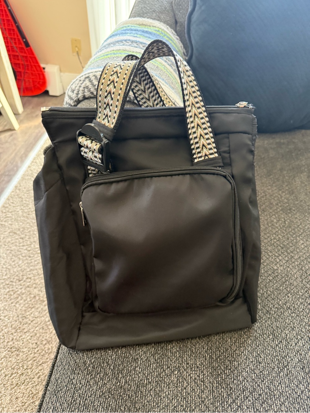Black Nylon Tote Bag with Patterned Straps